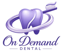 On Demand Dental logo, purple tooth with toothbrush