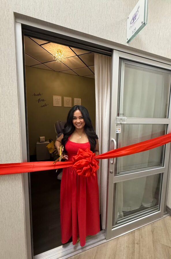 Gloria Morejon celebrating the grand opening of the On Demand Dental treatment room